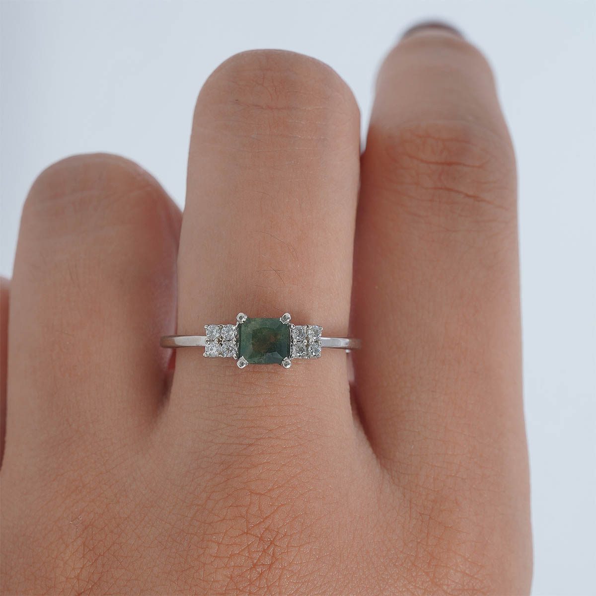Emerald Cut Moss Agate Ring Healing Gemstone Promise Ring