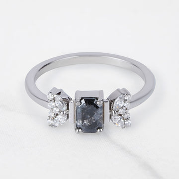 Emerald Cut Salt and Pepper Diamond Ring Galaxy Diamond Ring