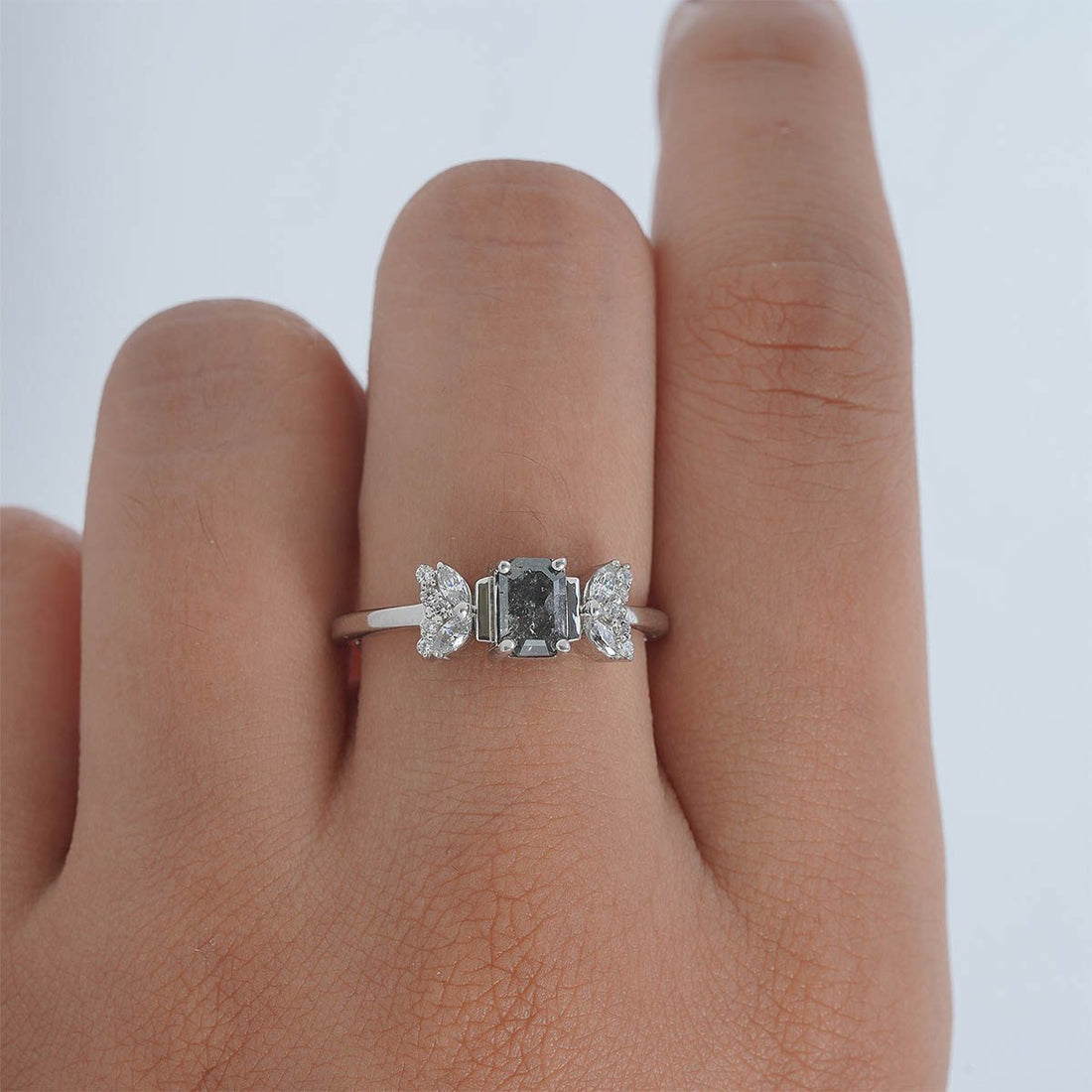 Emerald Cut Salt and Pepper Diamond Ring Galaxy Diamond Ring