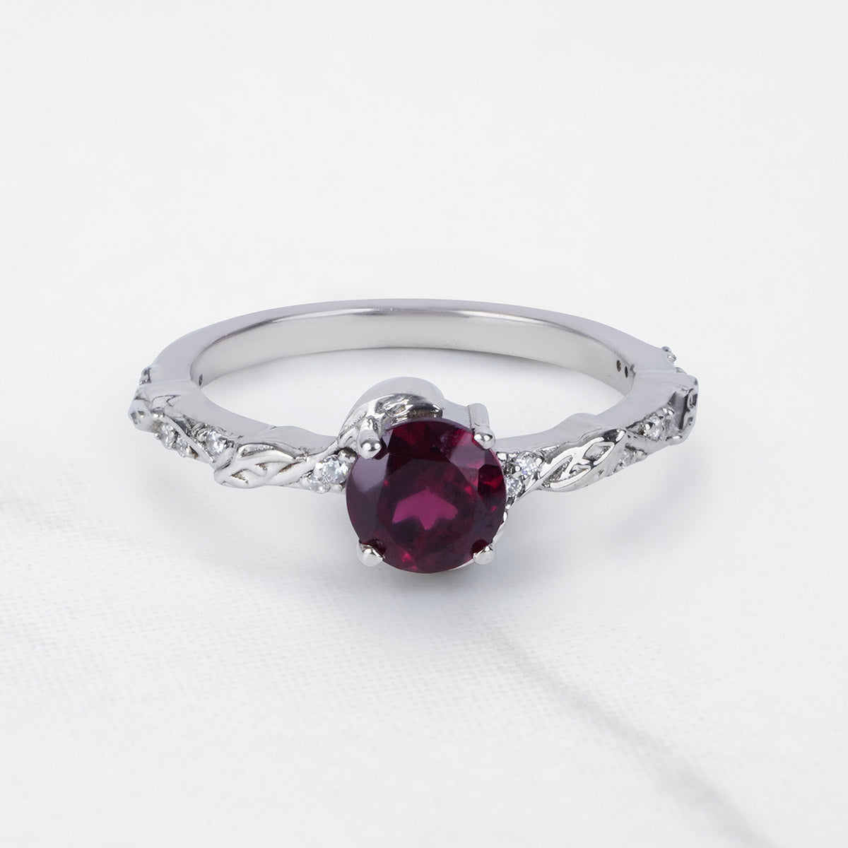 Rhodolite Ring Floral Leaf Nature Inspired Engagement Ring