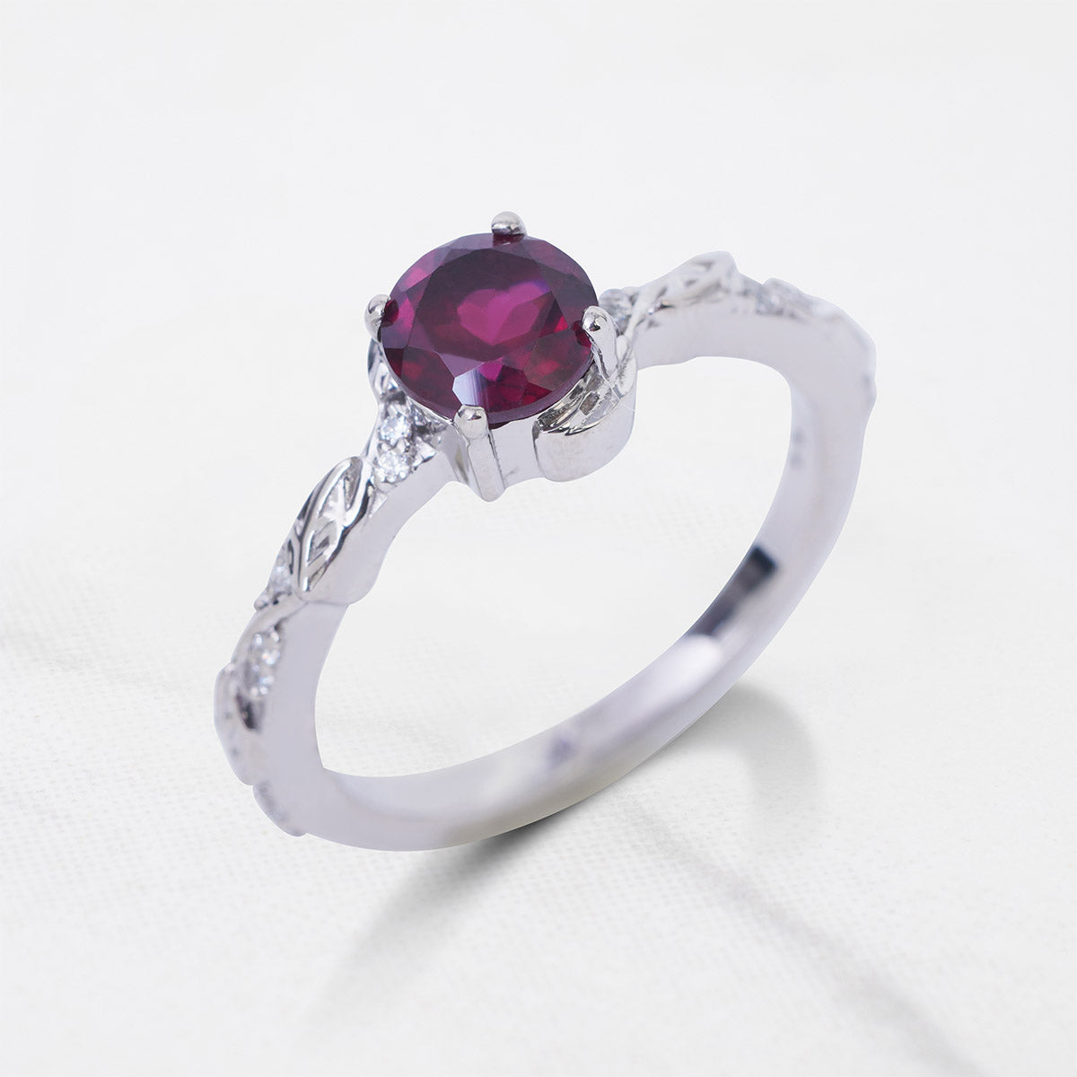 Rhodolite Ring Floral Leaf Nature Inspired Engagement Ring