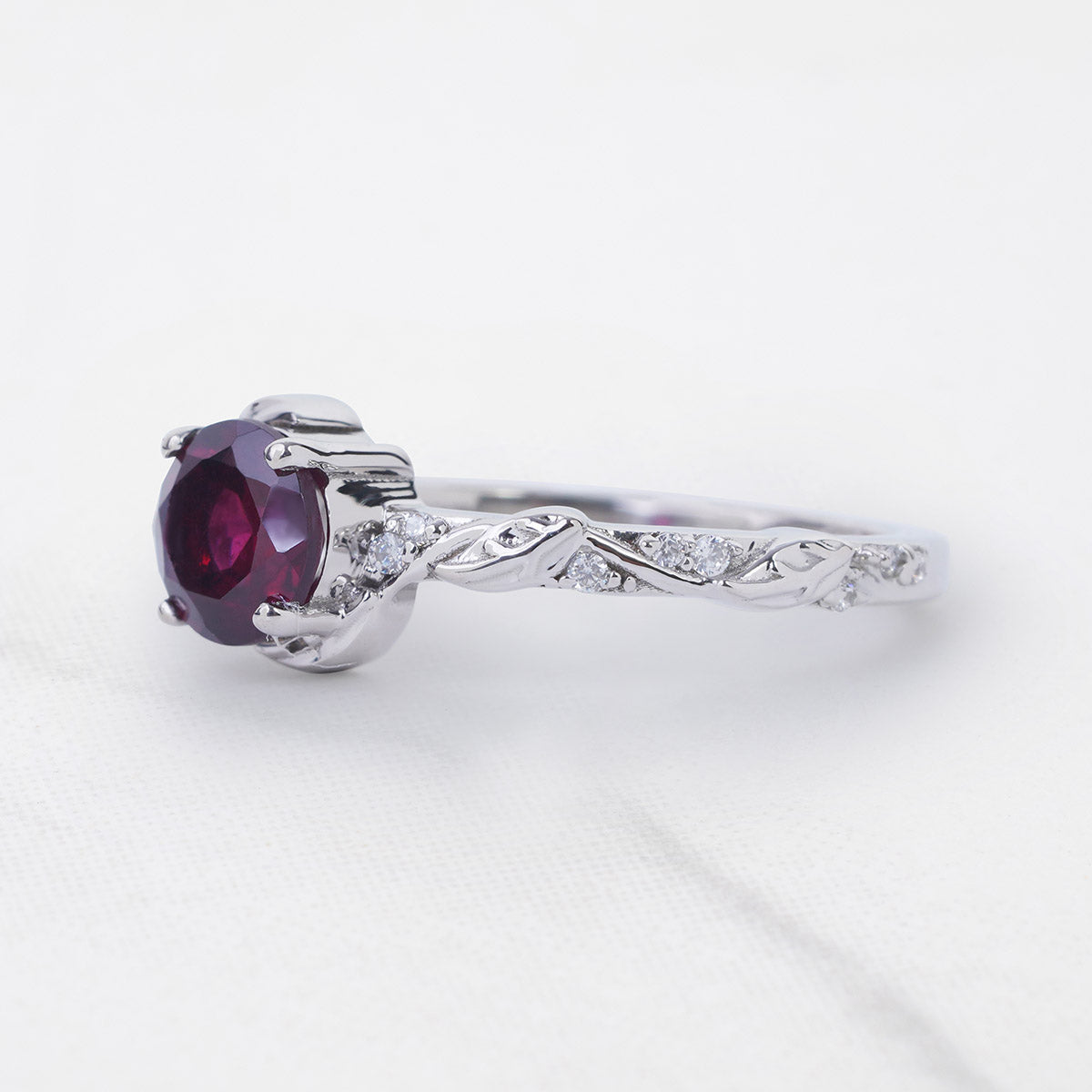 Rhodolite Ring Floral Leaf Nature Inspired Engagement Ring