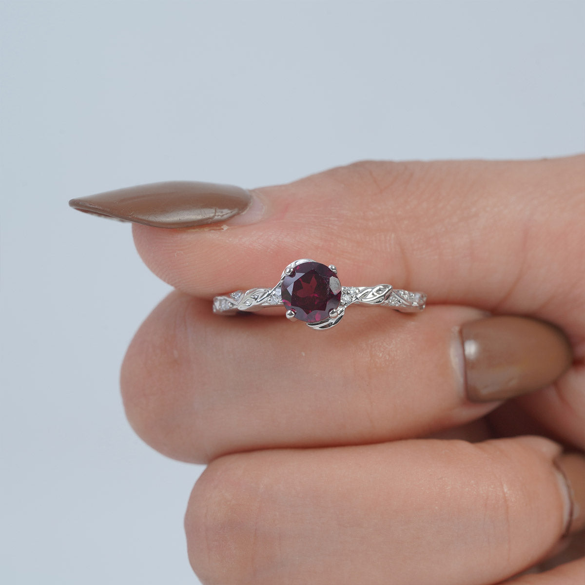 Rhodolite Ring Floral Leaf Nature Inspired Engagement Ring
