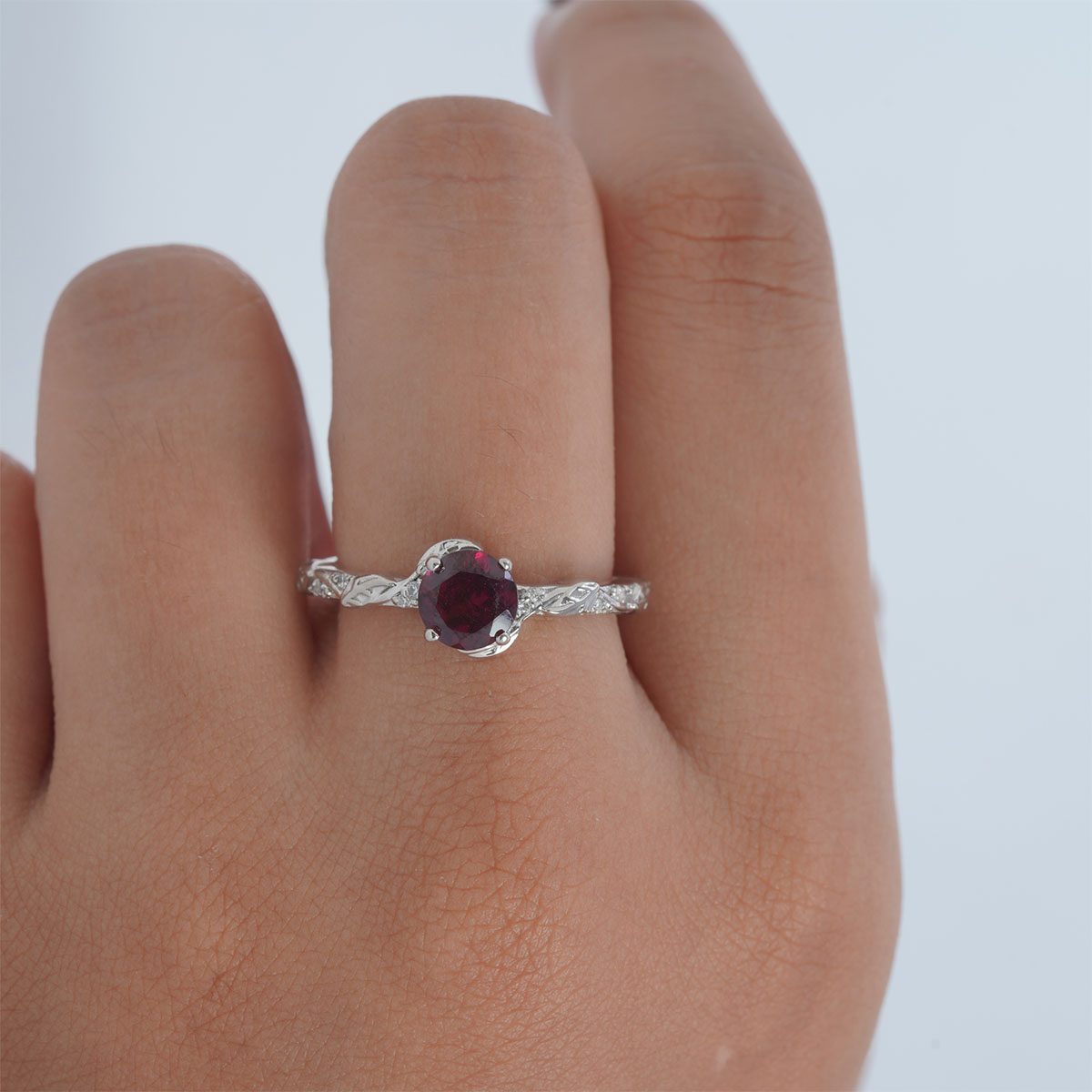 Rhodolite Ring Floral Leaf Nature Inspired Engagement Ring