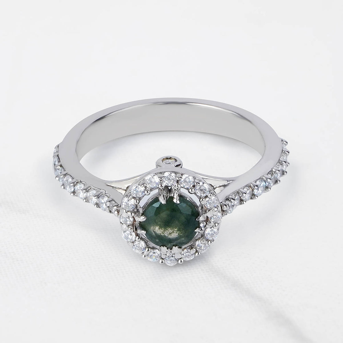Halo Moss Agate Ring Nature Inspired Womens Engagement Ring