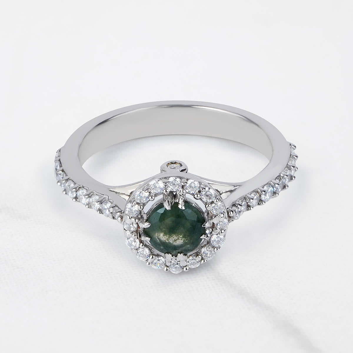 Halo Moss Agate Ring Nature Inspired Womens Engagement Ring