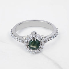Halo Moss Agate Ring Nature Inspired Womens Engagement Ring