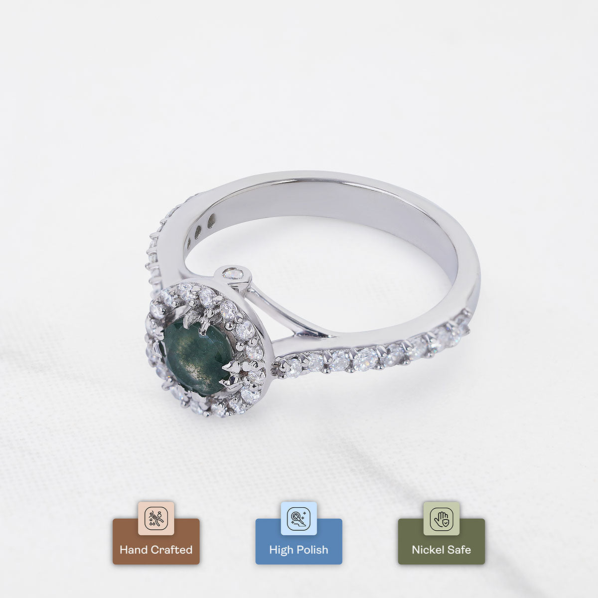Halo Moss Agate Ring Nature Inspired Womens Engagement Ring