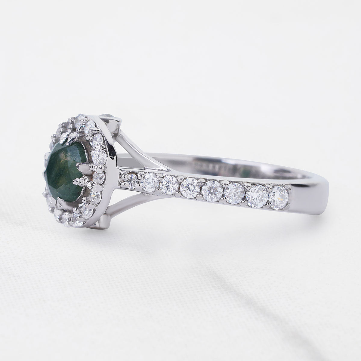 Halo Moss Agate Ring Nature Inspired Womens Engagement Ring