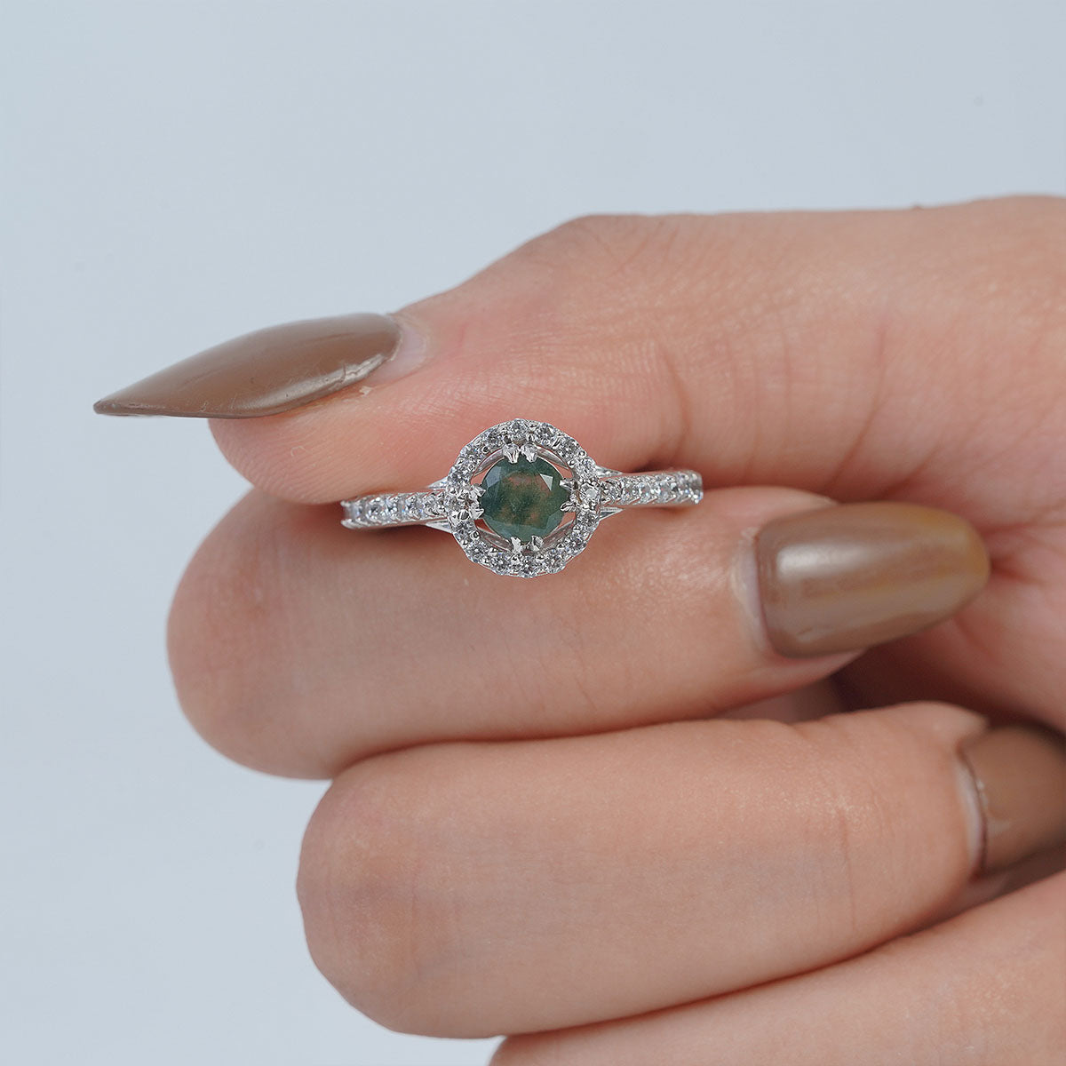 Halo Moss Agate Ring Nature Inspired Womens Engagement Ring