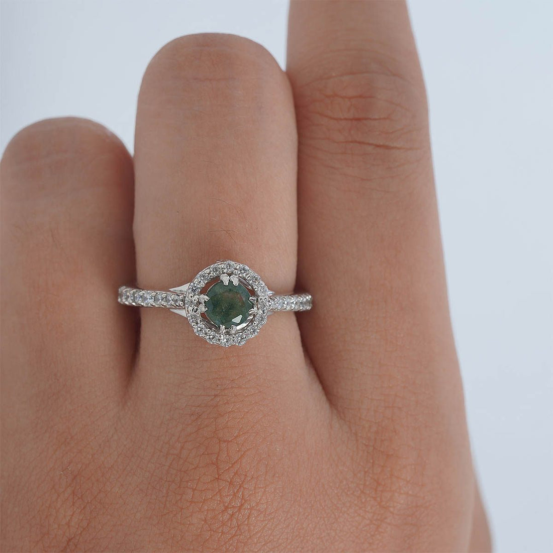 Halo Moss Agate Ring Nature Inspired Womens Engagement Ring