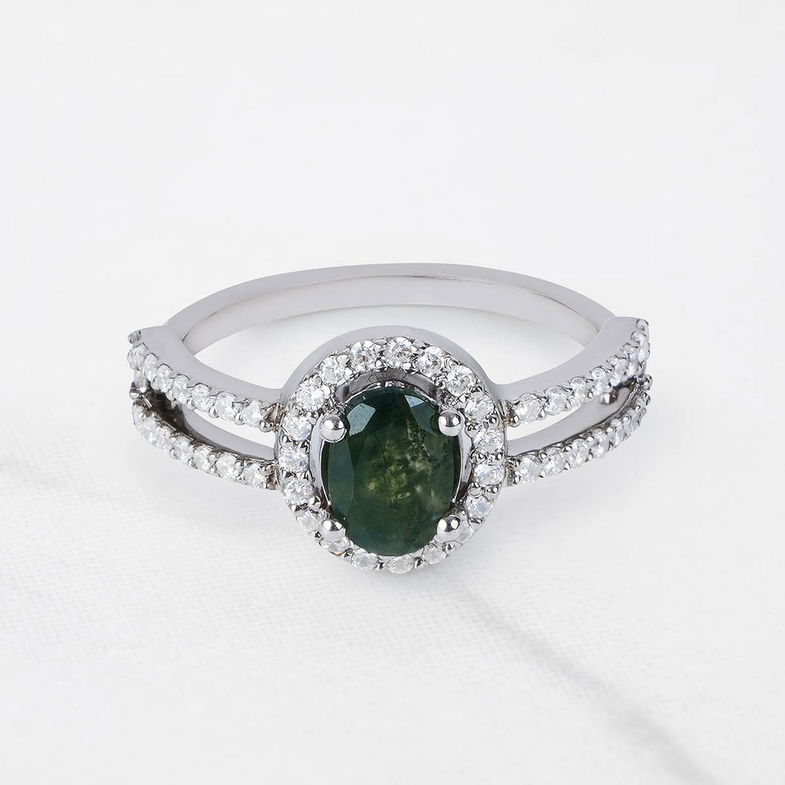 Oval Moss Agate Halo Ring Healing Gemstone Nature Jewelry
