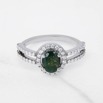 Oval Moss Agate Halo Ring Healing Gemstone Nature Jewelry