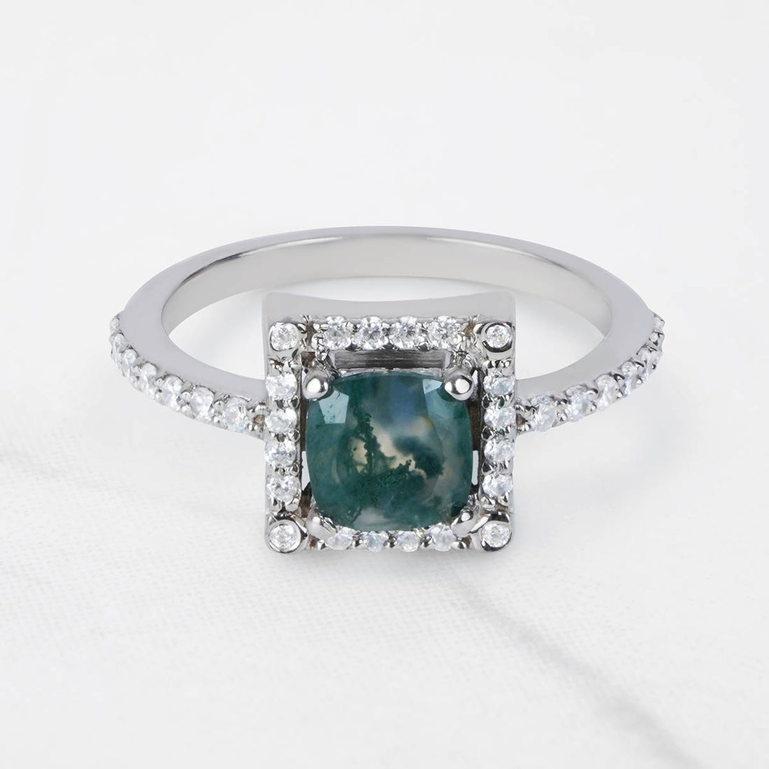 Cushion Cut Moss Agate Ring Halo Moissanite Engagement Ring