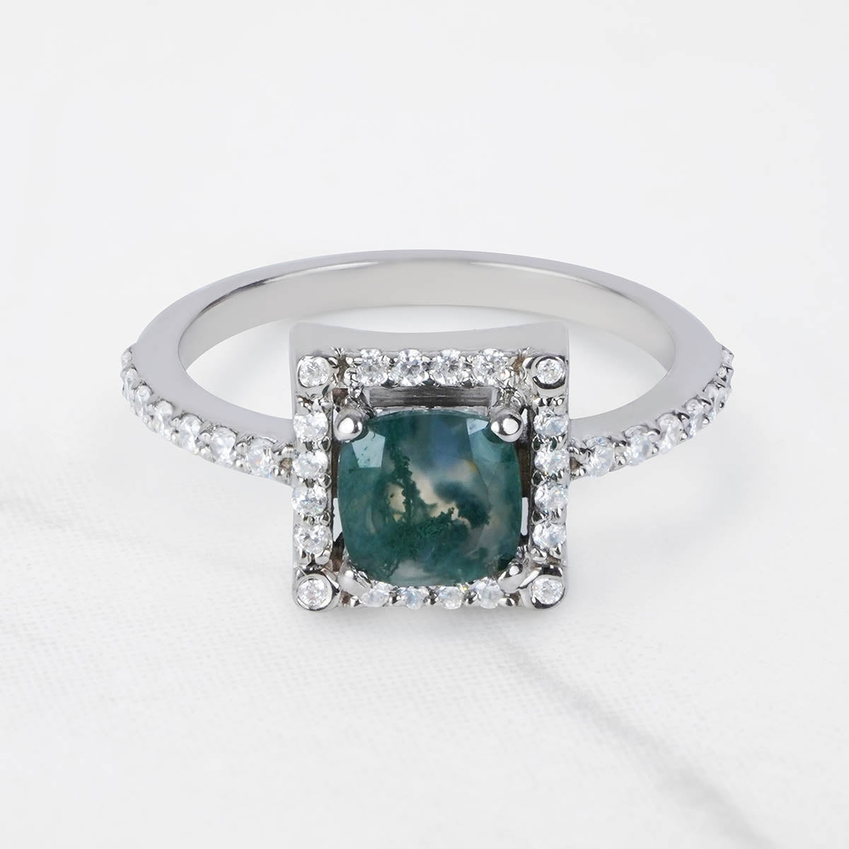 Cushion Cut Moss Agate Ring Halo Moissanite Engagement Ring