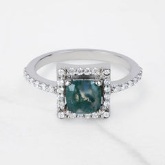 Cushion Cut Moss Agate Ring Halo Moissanite Engagement Ring