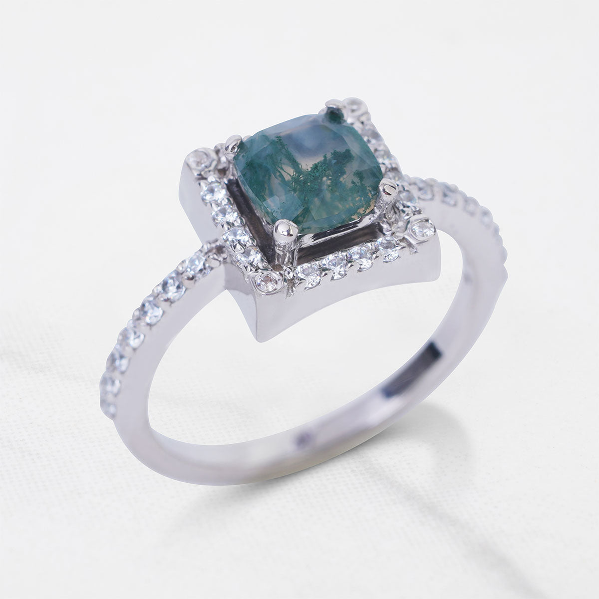 Cushion Cut Moss Agate Ring Halo Moissanite Engagement Ring