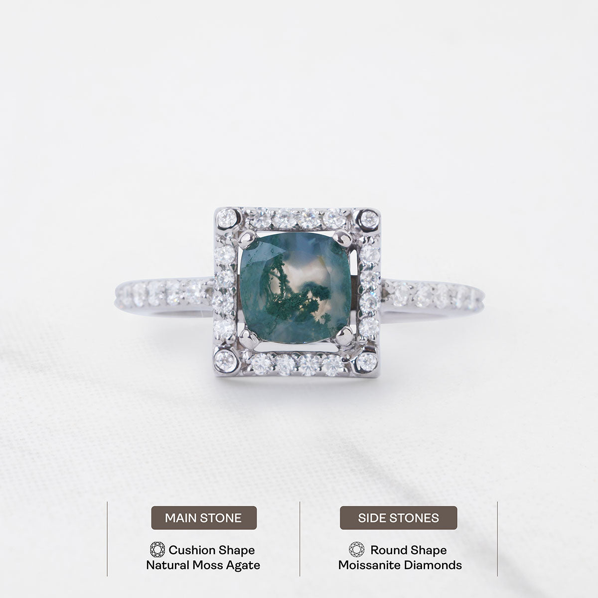 Cushion Cut Moss Agate Ring Halo Moissanite Engagement Ring