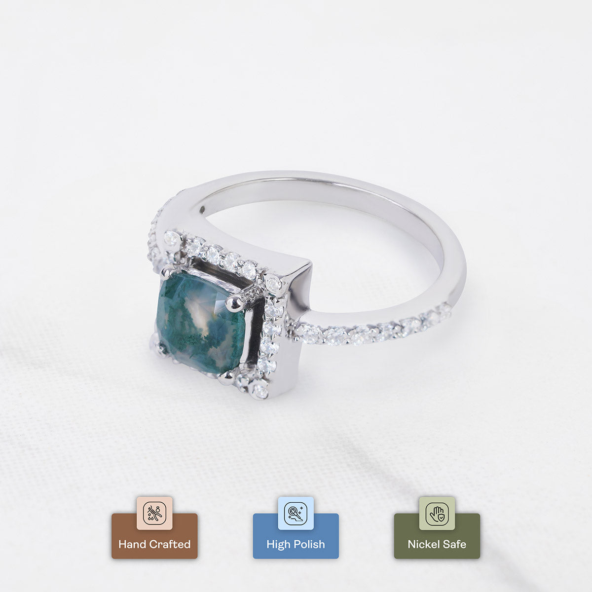Cushion Cut Moss Agate Ring Halo Moissanite Engagement Ring