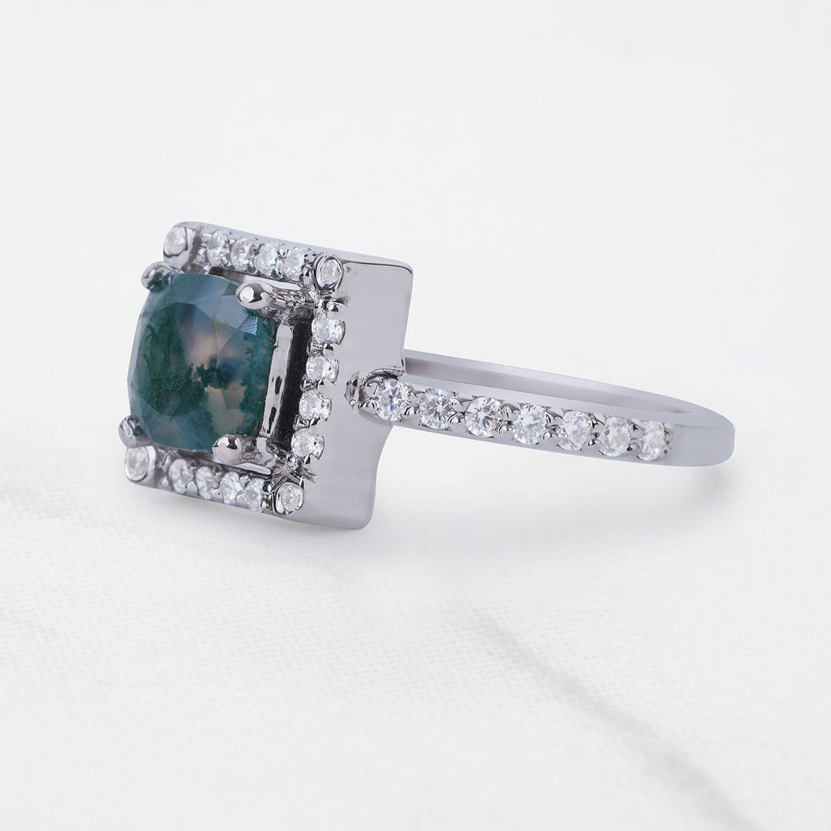 Cushion Cut Moss Agate Ring Halo Moissanite Engagement Ring