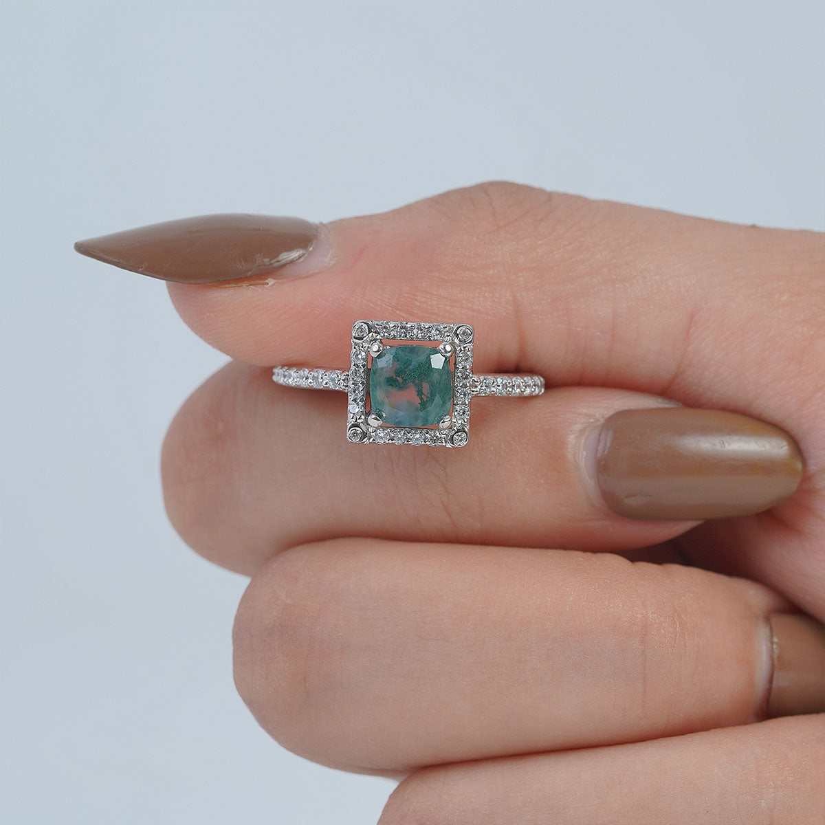 Cushion Cut Moss Agate Ring Halo Moissanite Engagement Ring