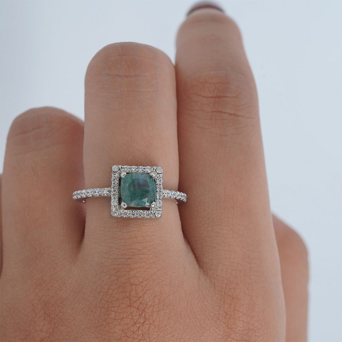 Cushion Cut Moss Agate Ring Halo Moissanite Engagement Ring