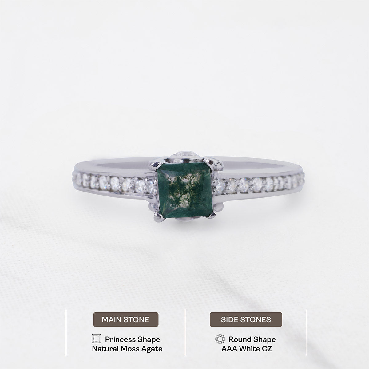 Princess Cut Moss Agate Ring Healing Gemstone Promise Ring