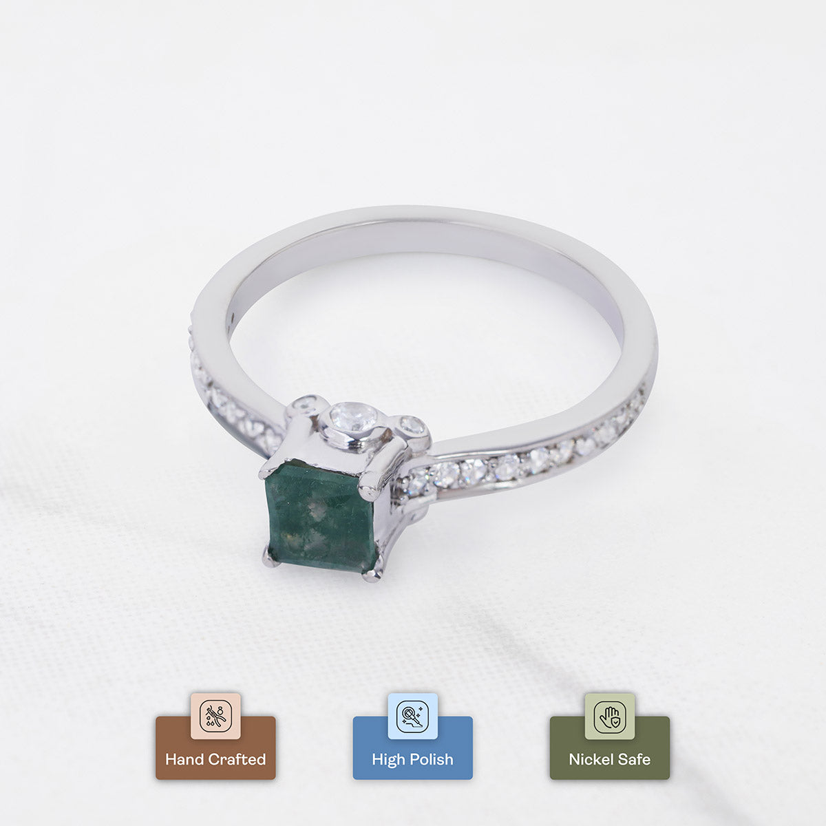 Princess Cut Moss Agate Ring Healing Gemstone Promise Ring