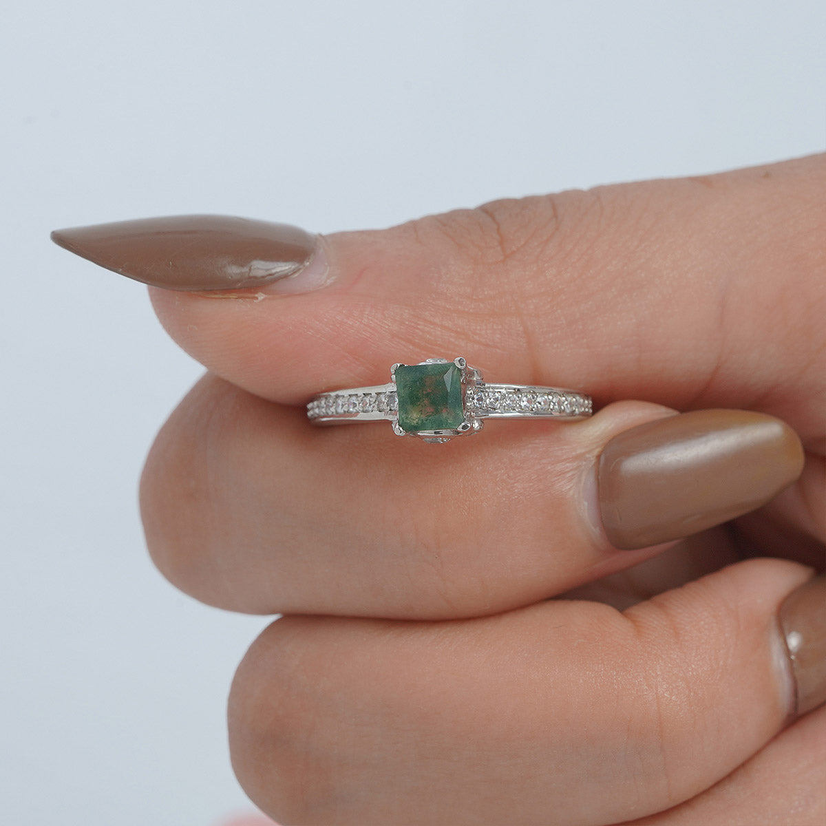 Princess Cut Moss Agate Ring Healing Gemstone Promise Ring