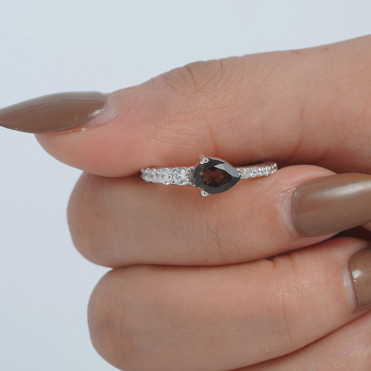 Teardrop Smoky Quartz Ring 14k White Gold Promise Ring for Her
