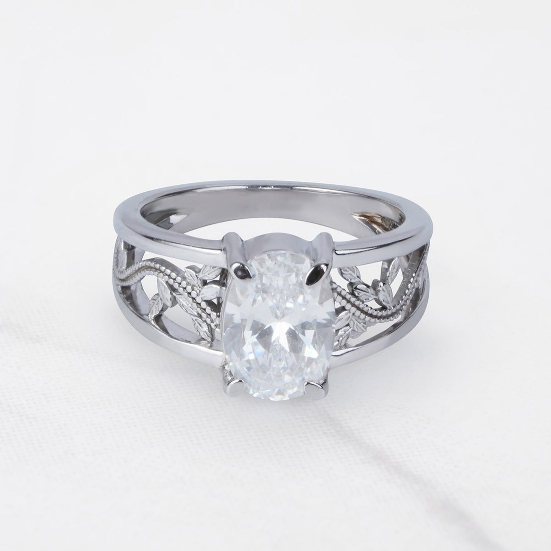 Nature Inspired Wedding Ring Solitaire Oval Cut Floral Leaf Art Deco Jewelry Sterling Silver