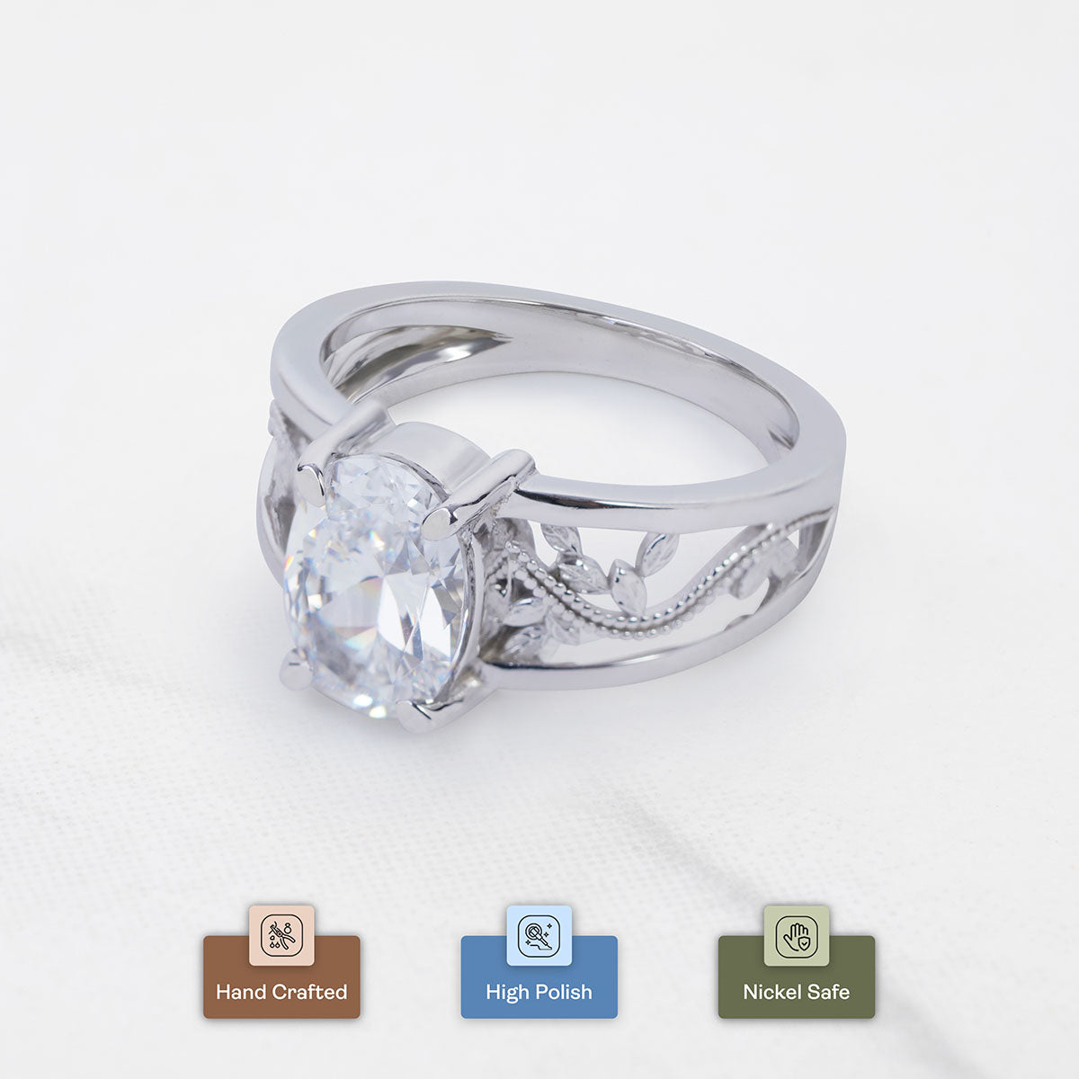 Nature Inspired Wedding Ring Solitaire Cubic Zirconia Floral Leaf