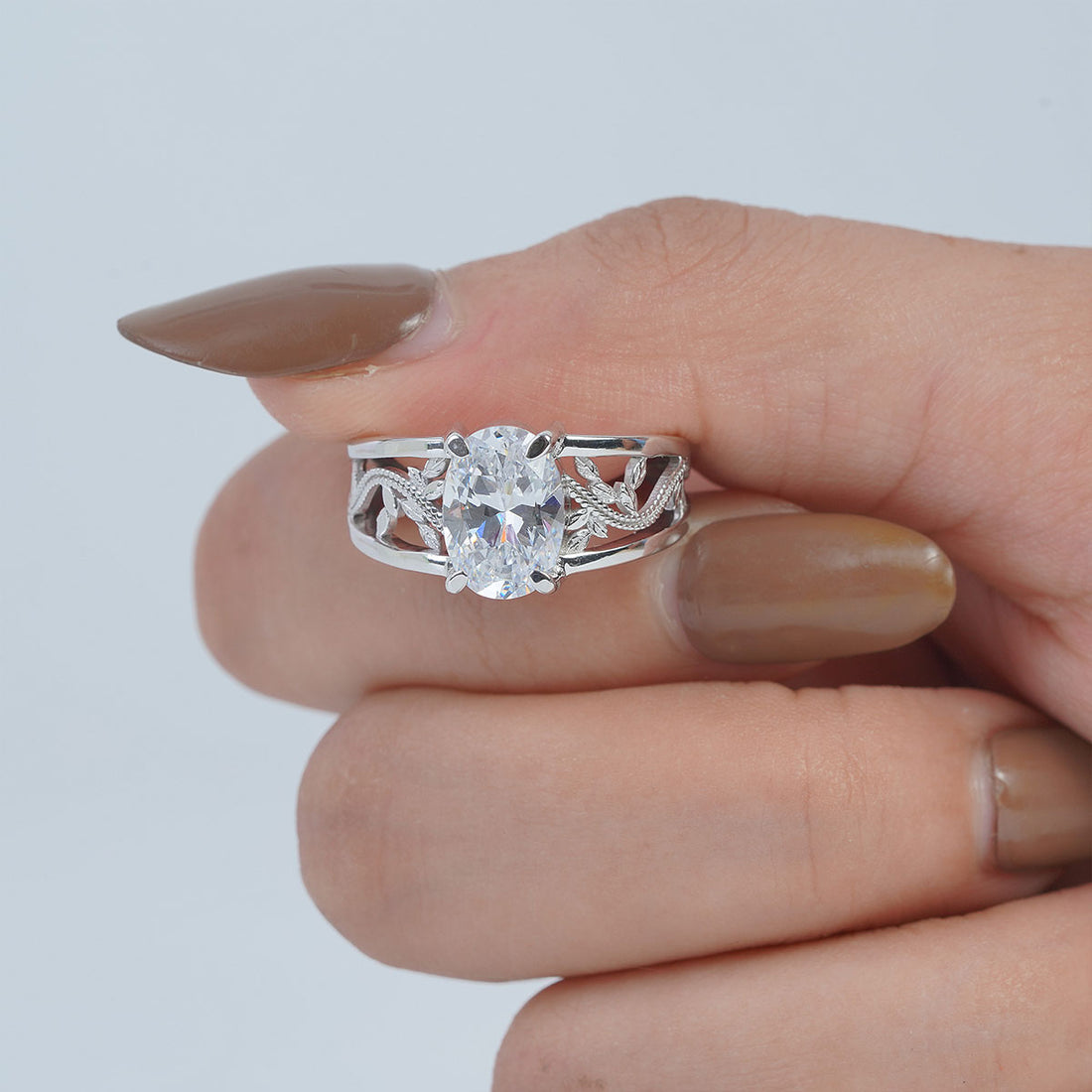 Nature Inspired Wedding Ring Solitaire Oval Cut Floral Leaf Art Deco Jewelry Sterling Silver