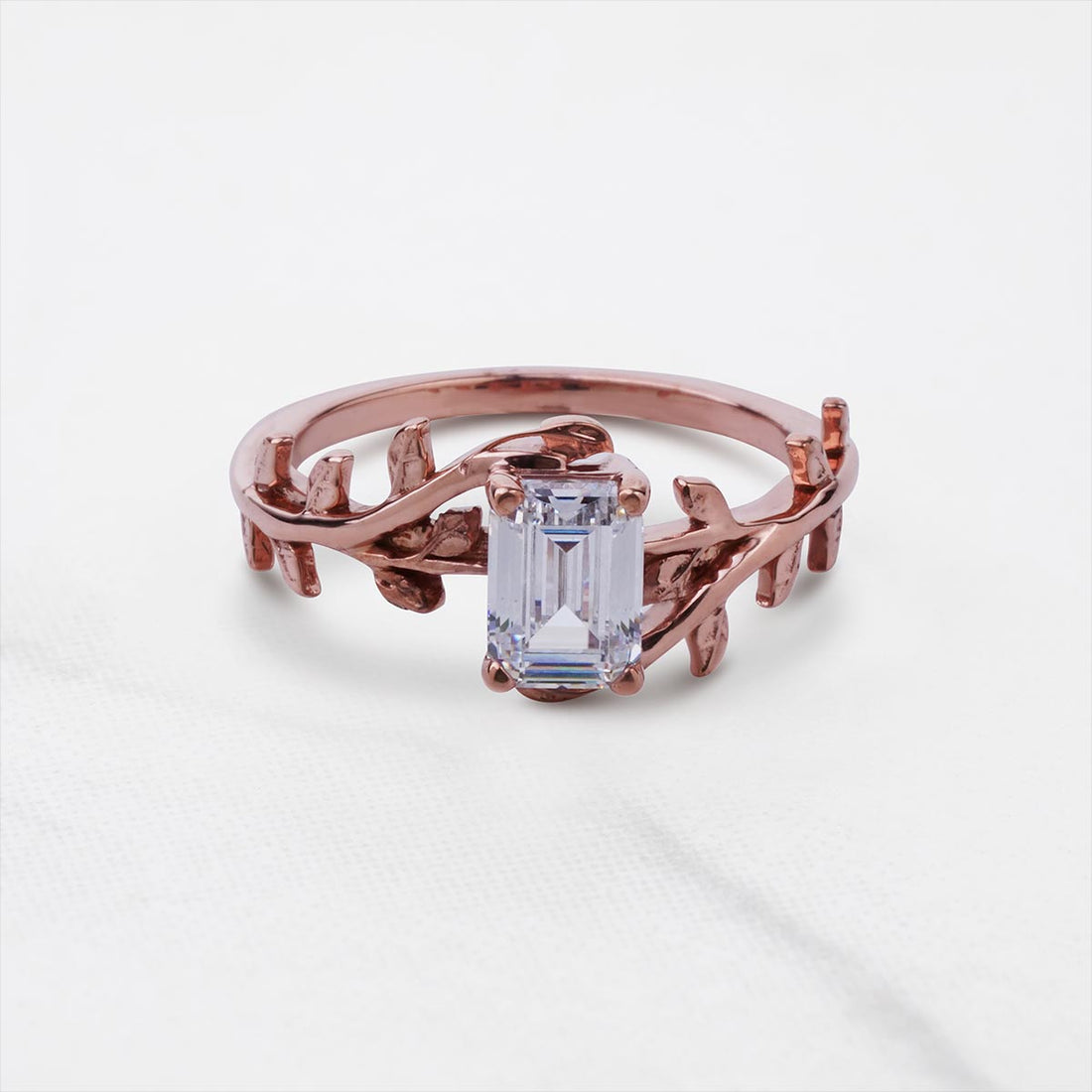 Emerald Cut Moissanite Leaf Vine Nature Inspired Wedding Ring