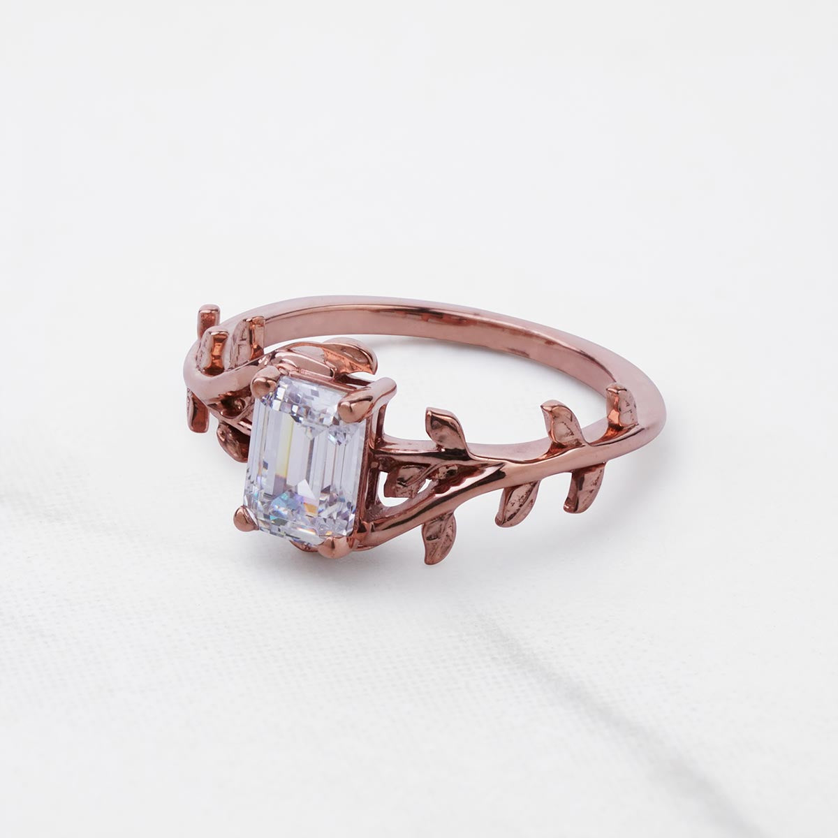 Emerald Cut Moissanite Leaf Vine Nature Inspired Wedding Ring