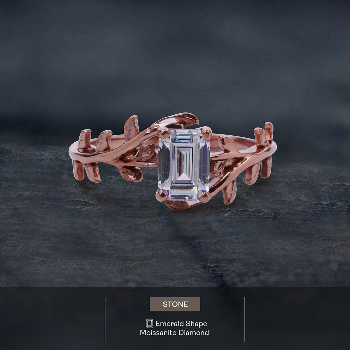 Emerald Cut Moissanite Leaf Vine Nature Inspired Wedding Ring