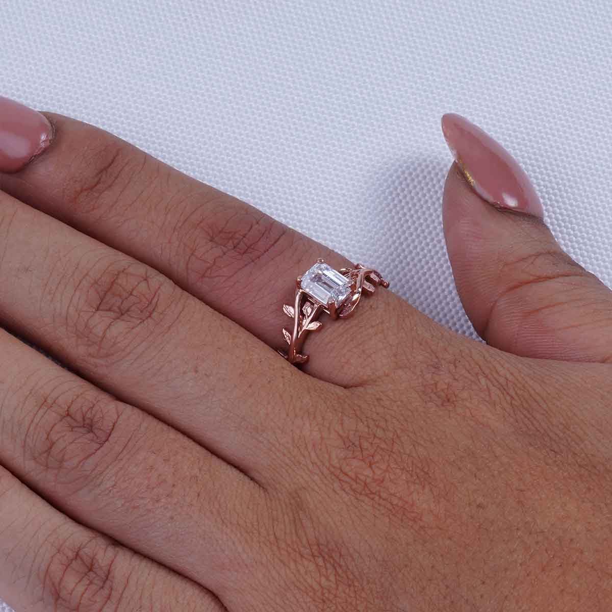 Leaf Vine Diamond Engagement Ring 1Carat Emerald Cut Solitaire