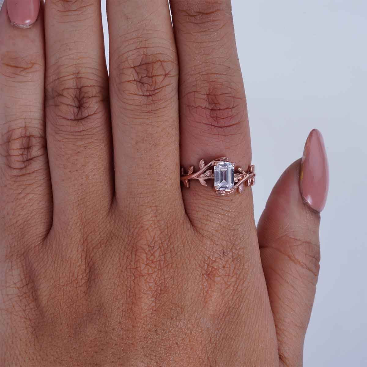 Leaf Vine Diamond Engagement Ring 1Carat Emerald Cut Solitaire