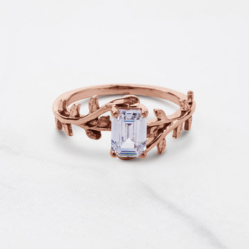 Emerald Cut Solitaire Moissanite Leaf Vine Nature Wedding Promise Engagement Ring Rose Gold White Gold