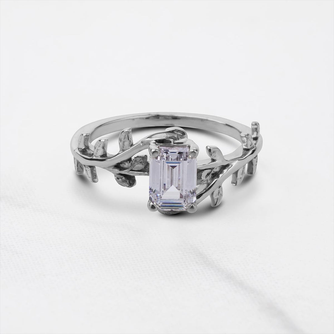 Emerald Cut Moissanite Leaf Vine Nature Inspired Wedding Ring