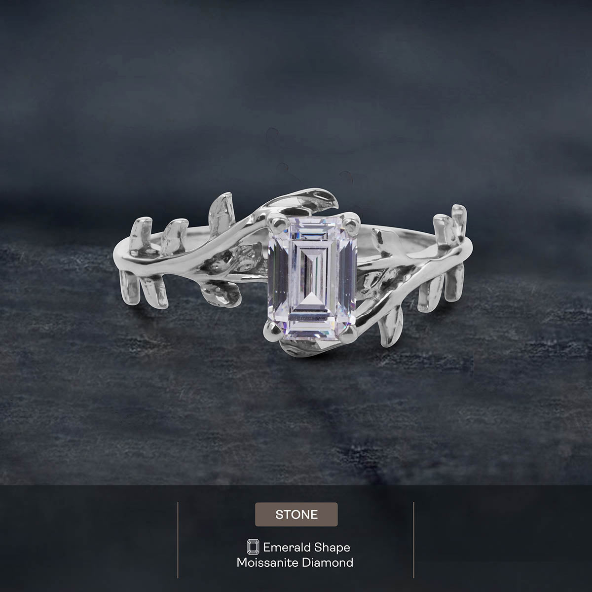 Emerald Cut Moissanite Leaf Vine Nature Inspired Wedding Ring