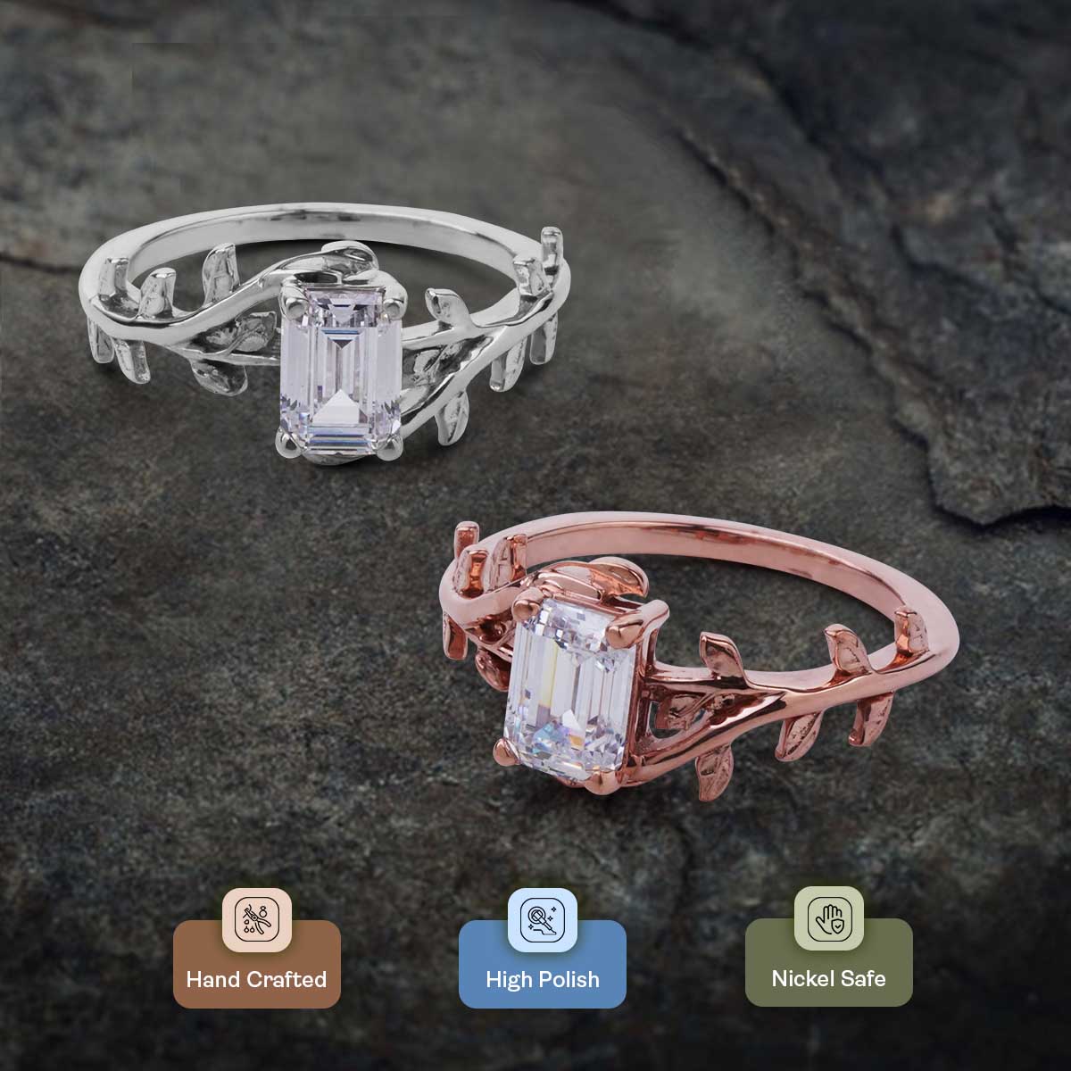 Leaf Vine Diamond Engagement Ring 1Carat Emerald Cut Solitaire