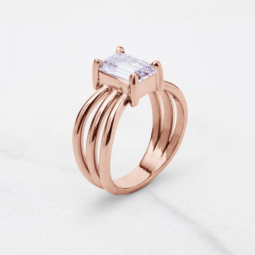 Emerald Cut Solitaire Moissanite Multi Layer Promise Engagement Wedding Ring Rose Gold