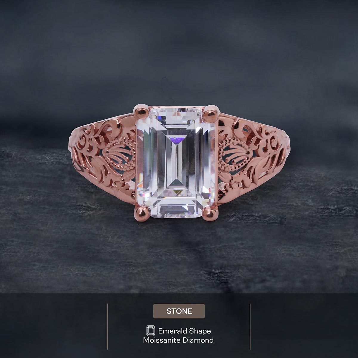 3.50CT Emerald Cut Moissanite Floral Art Deco Engagement Ring
