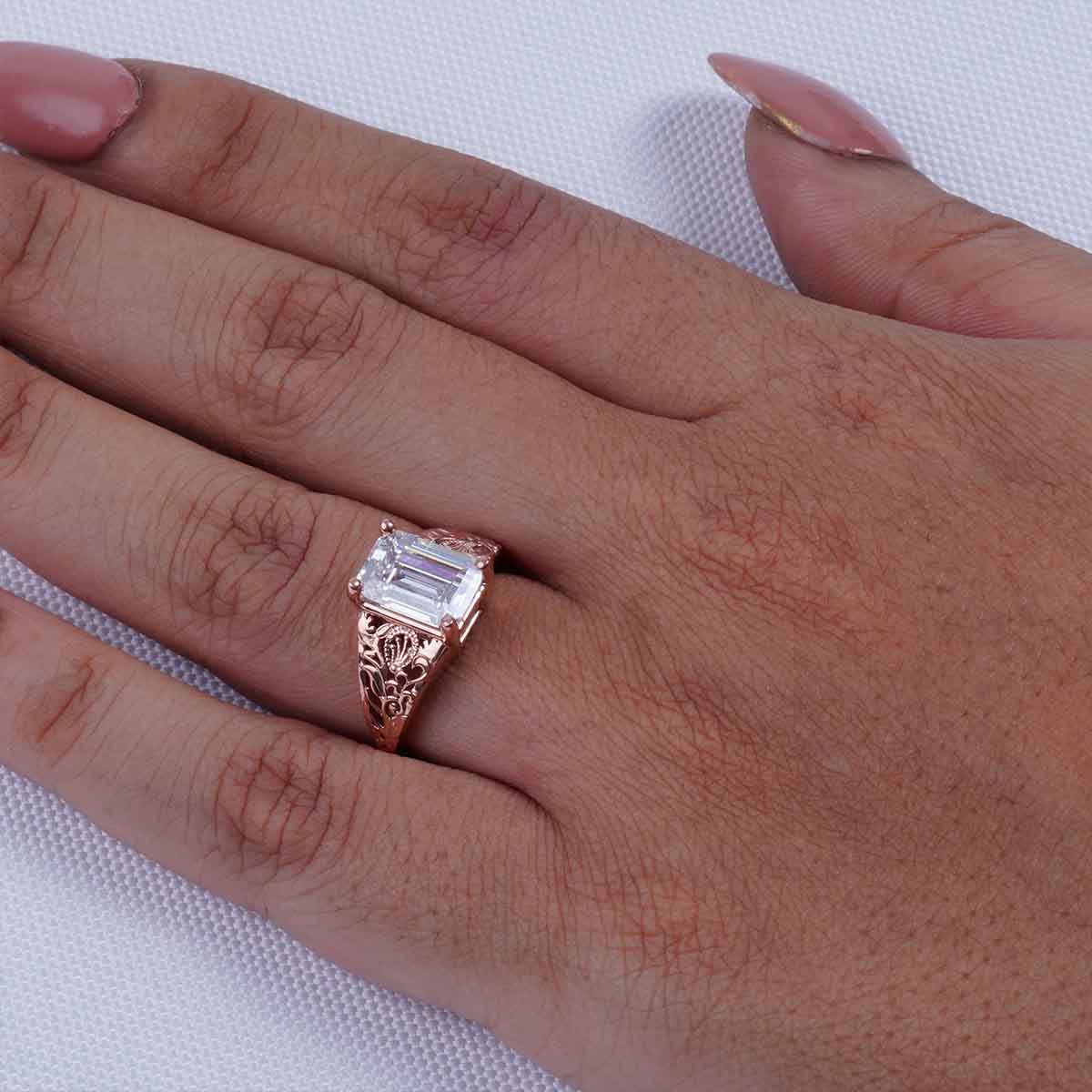 3.50CT Diamond Engagement Ring Emerald Cut Floral Art Deco
