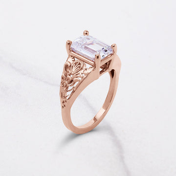 3.50CT Emerald Cut Moissanite Floral Art Deco Engagement Ring