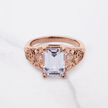 3.50CT Emerald Cut Moissanite Floral Art Deco Engagement Ring