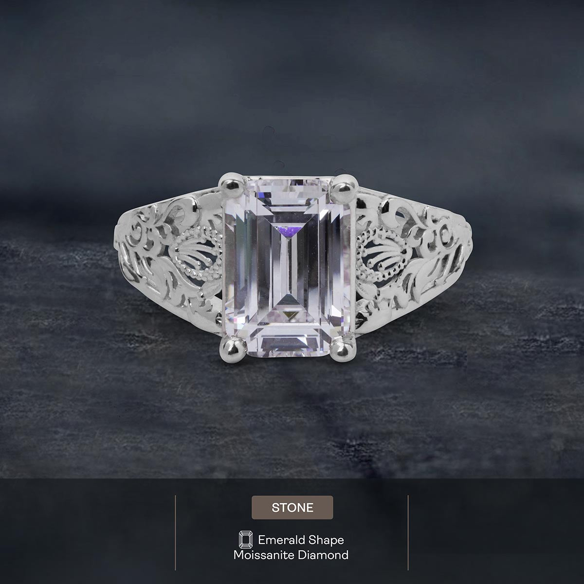 3.50CT Emerald Cut Moissanite Floral Art Deco Engagement Ring