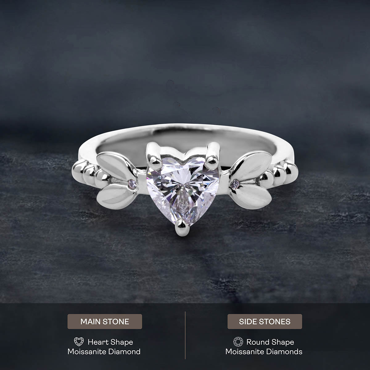 Solitaire Heart Moissanite Ring Art Nouveau Engagement Promise Wedding Rings White Rose Gold