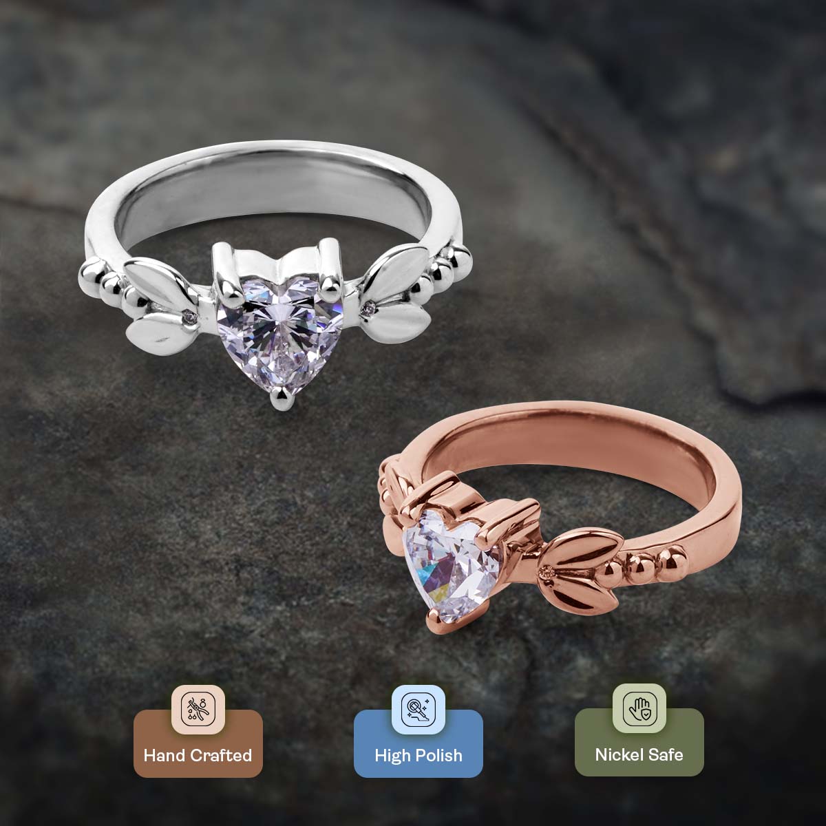 Solitaire Heart Moissanite Ring Art Nouveau Engagement Promise Wedding Rings White Rose Gold